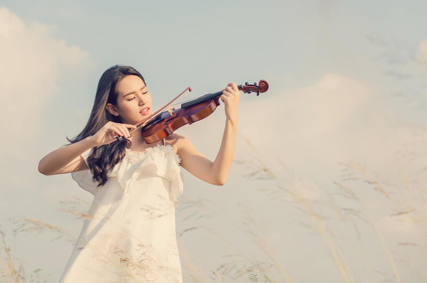 linda mulher em pé tocando violino na campina foto