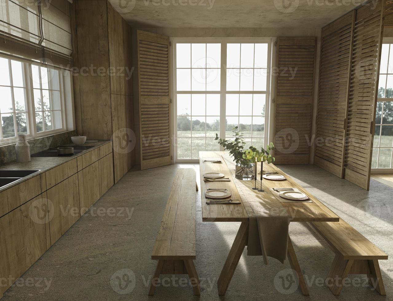 cozinha de madeira em estilo de casa de fazenda e grandes janelas com vista para a natureza foto