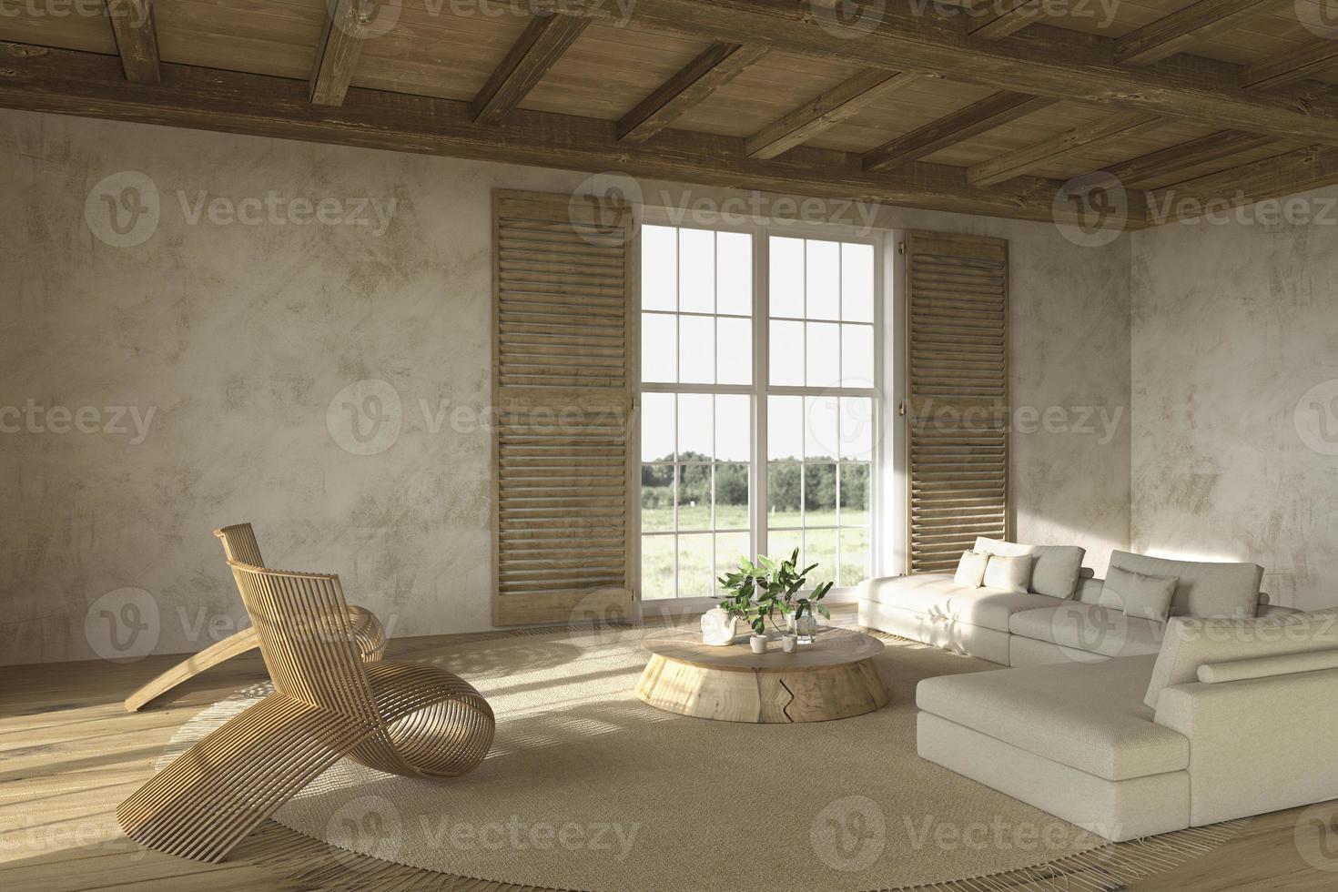interior de sala de estar em estilo fazenda com móveis de madeira natural foto