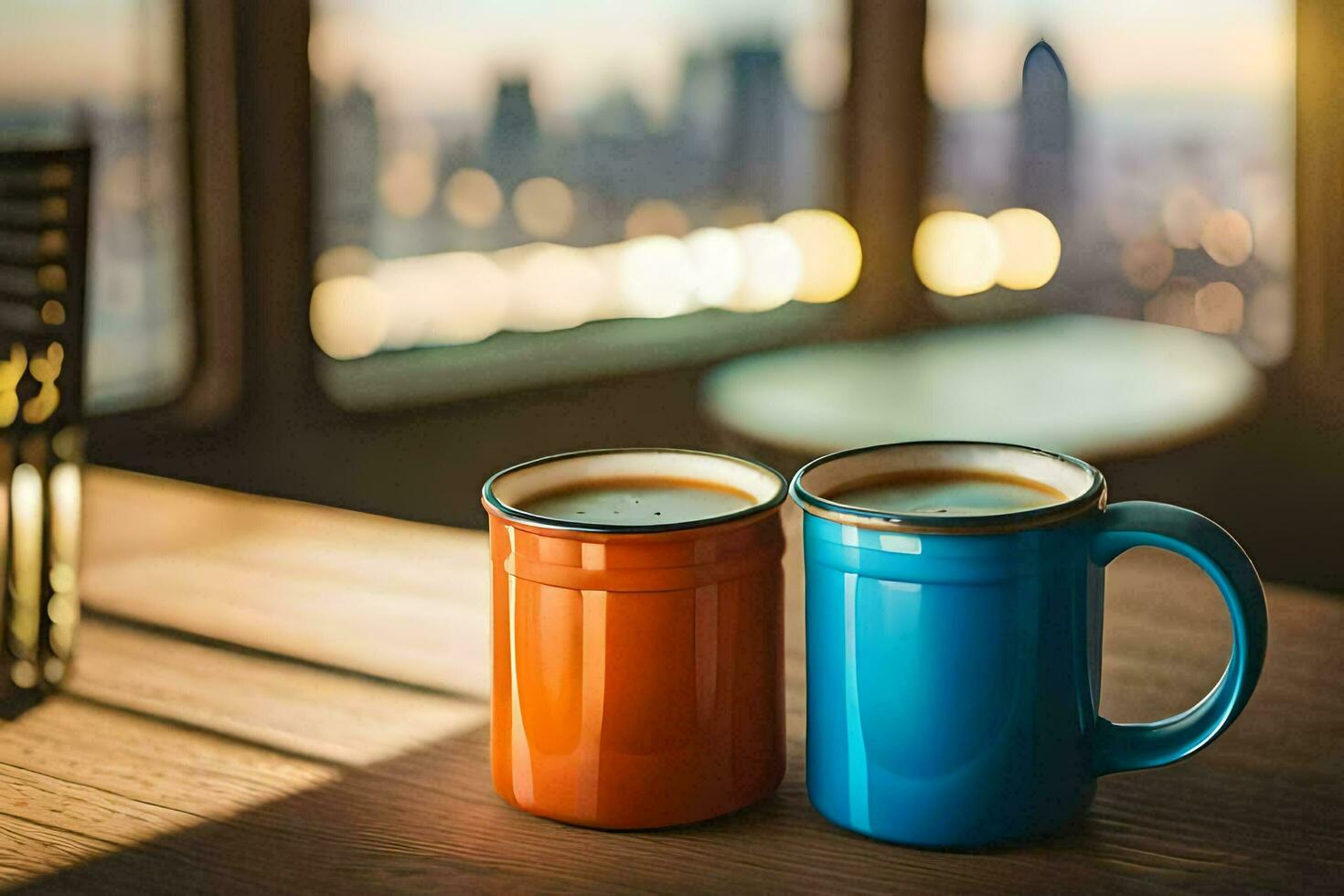 dois café canecas sentar em uma mesa dentro frente do uma paisagem urbana. gerado por IA foto