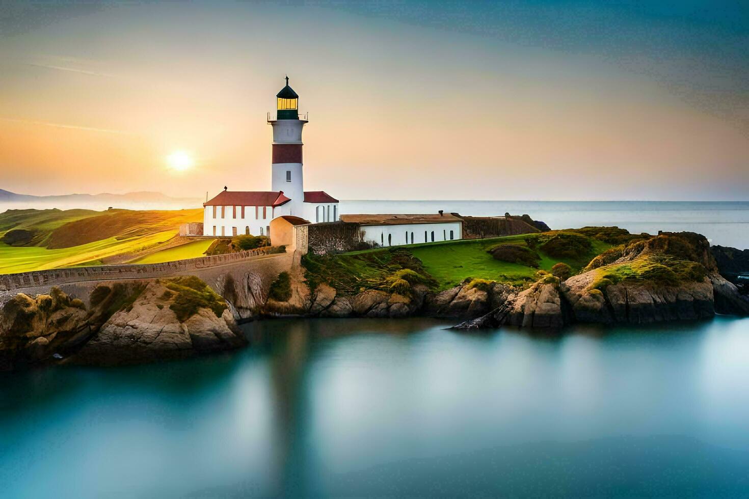 uma farol senta em topo do uma rochoso ilha às pôr do sol. gerado por IA foto