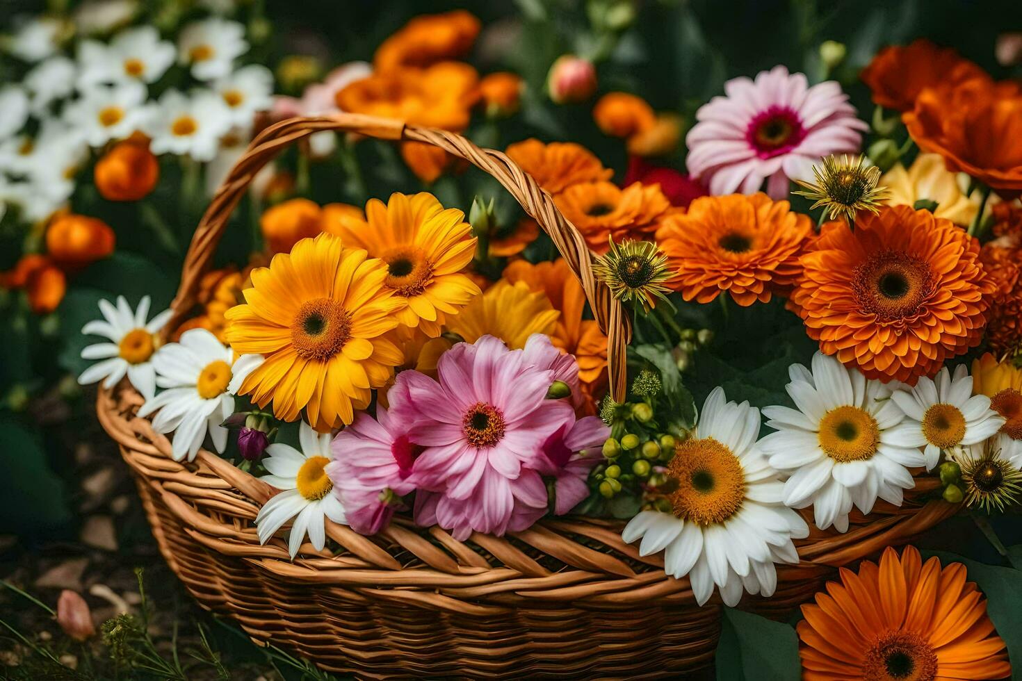 uma cesta cheio do colorida flores em a grama. gerado por IA foto