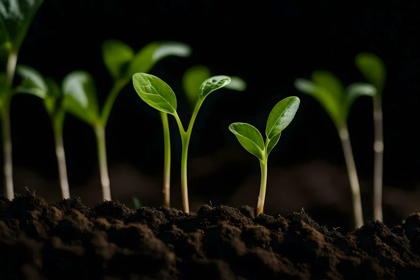 jovem plantas brotando a partir de a solo. gerado por IA foto