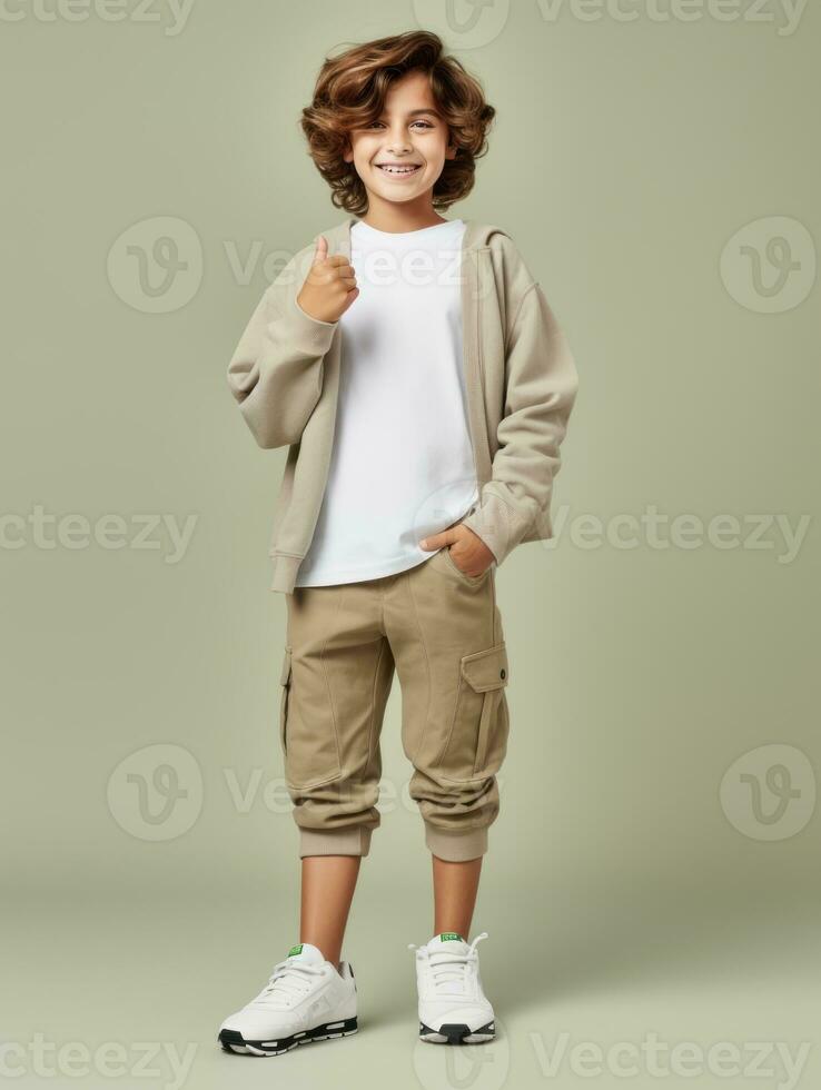feliz europeu criança dentro casual roupas contra uma neutro fundo ai generativo foto