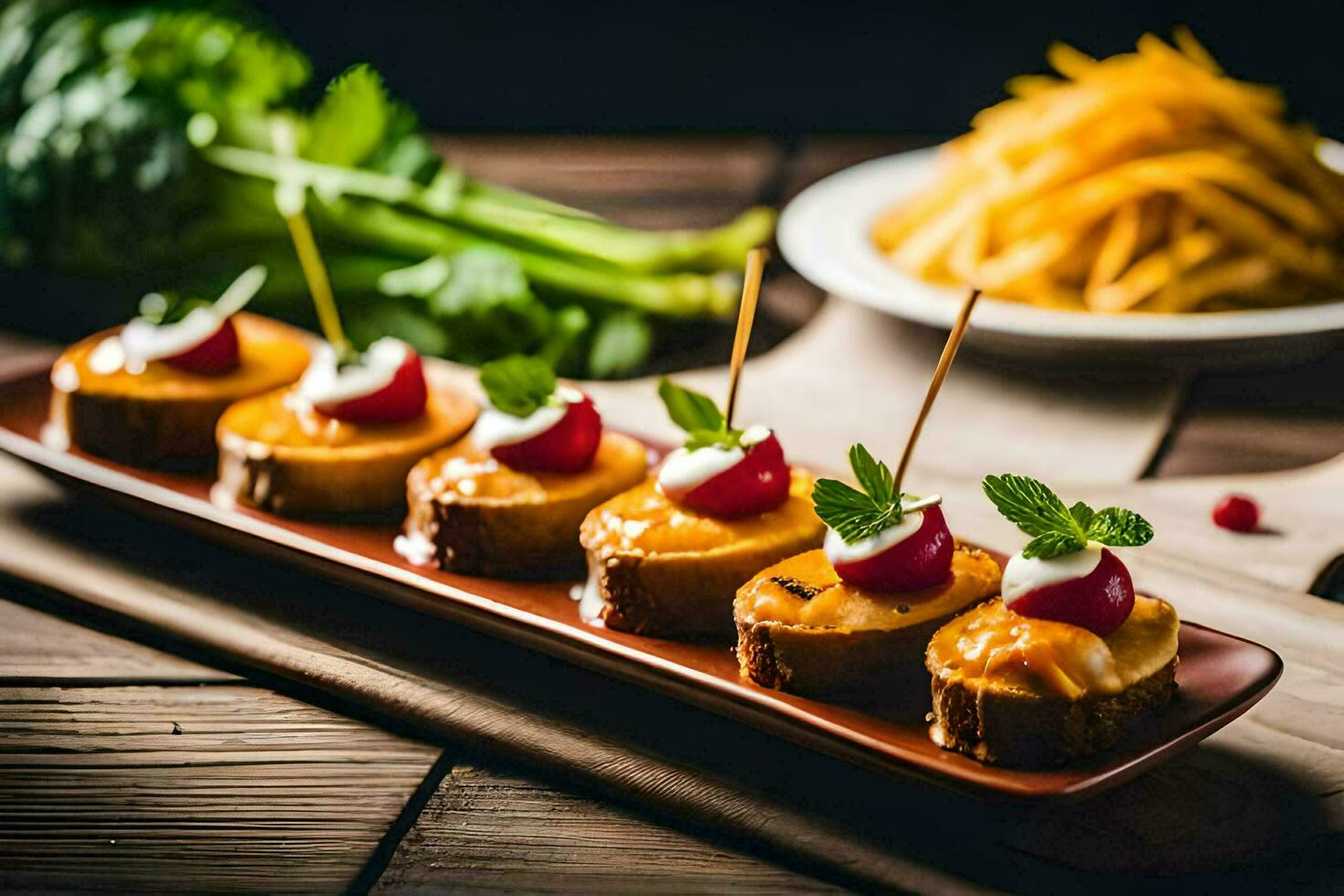 pequeno aperitivos em uma de madeira bandeja. gerado por IA foto