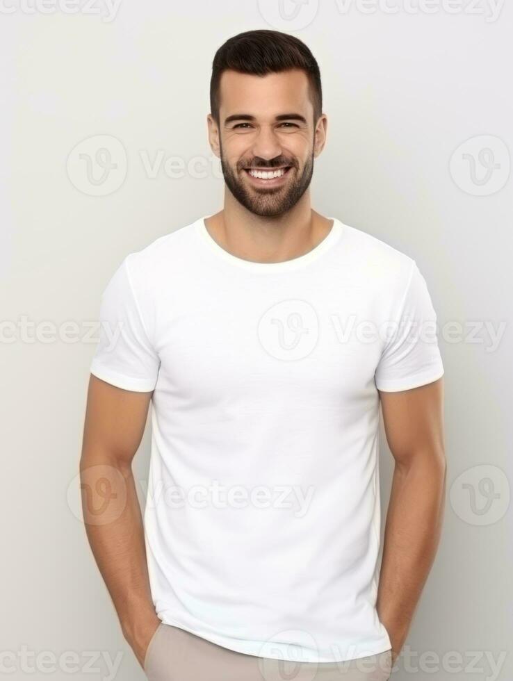 feliz europeu homem dentro casual roupas contra uma neutro fundo ai generativo foto