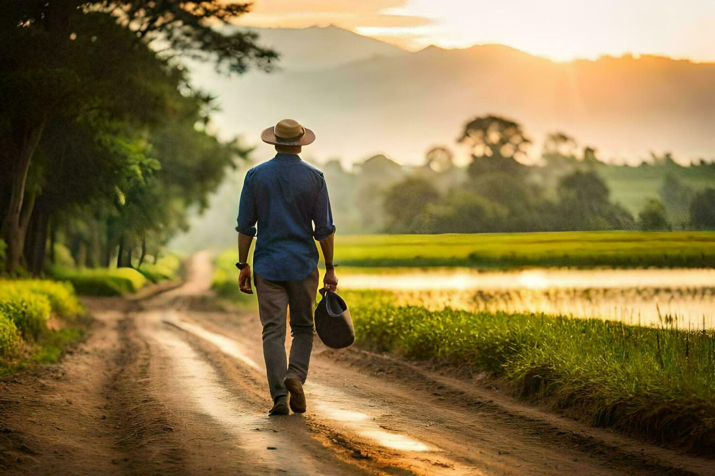 uma homem caminhando baixa uma sujeira estrada com uma chapéu. gerado por IA foto