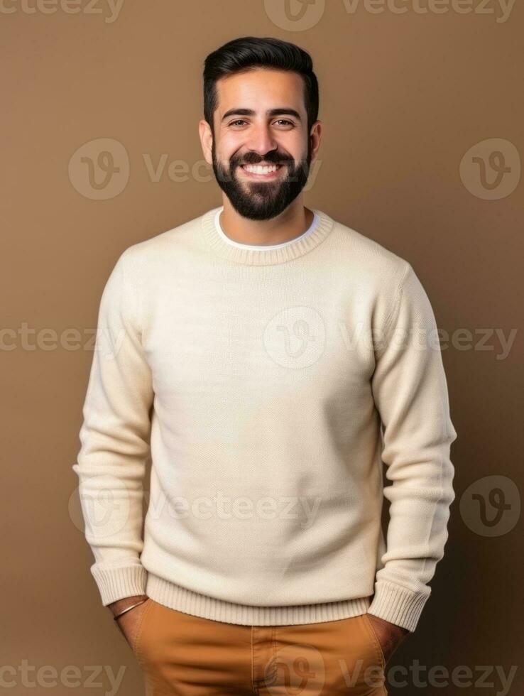 feliz europeu homem dentro casual roupas contra uma neutro fundo ai generativo foto