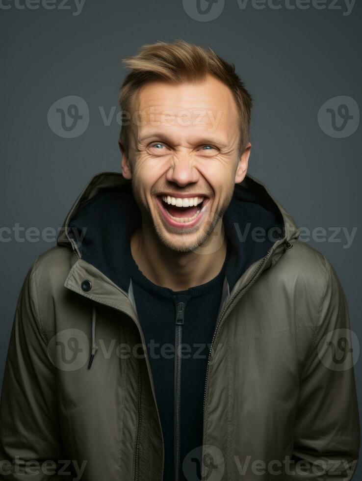 feliz europeu homem dentro casual roupas contra uma neutro fundo ai generativo foto