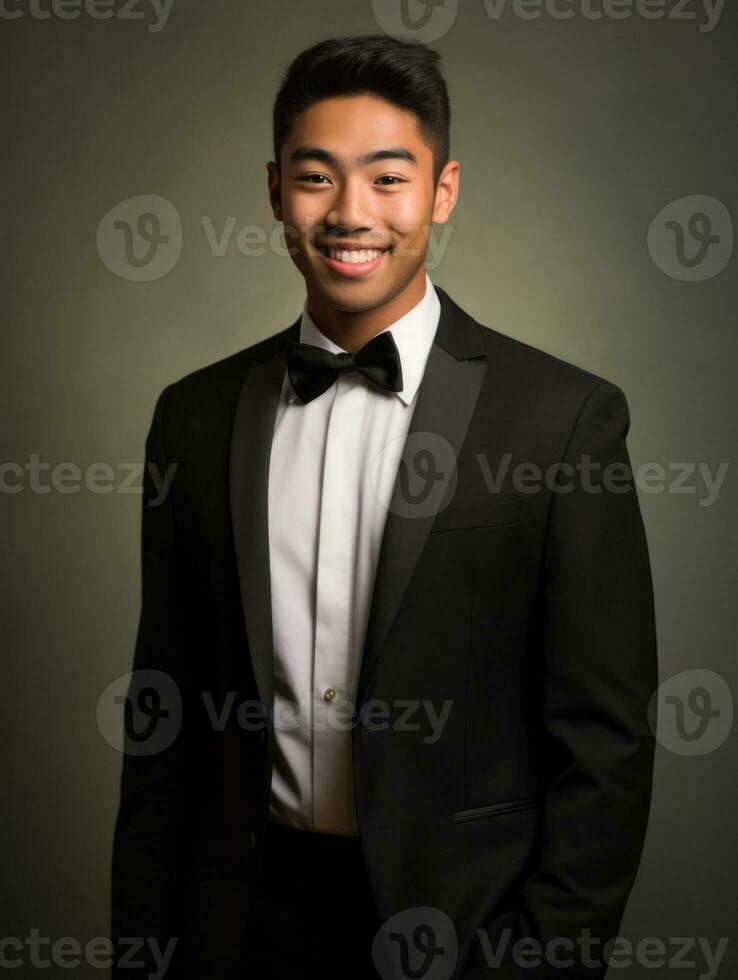 sorridente jovem homem do ásia descida vestido dentro terno em cinzento fundo ai generativo foto