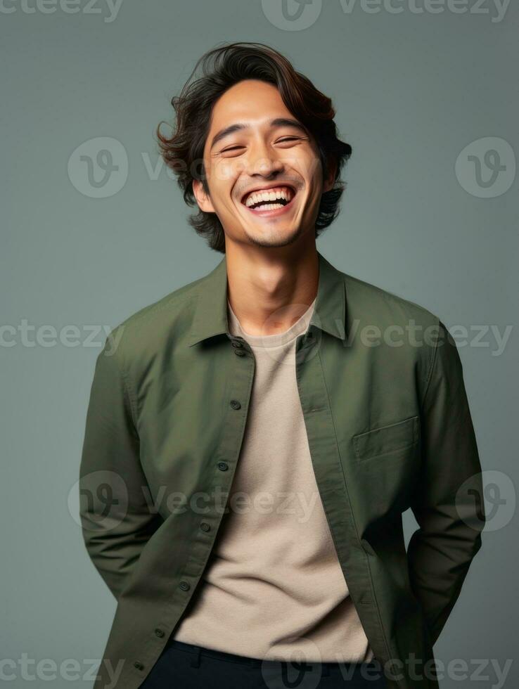 sorridente jovem homem do ásia descida vestido dentro terno em cinzento fundo ai generativo foto