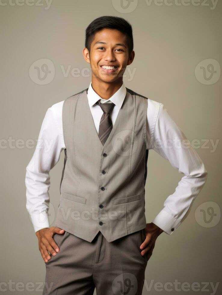 sorridente jovem homem do ásia descida vestido dentro terno em cinzento fundo ai generativo foto