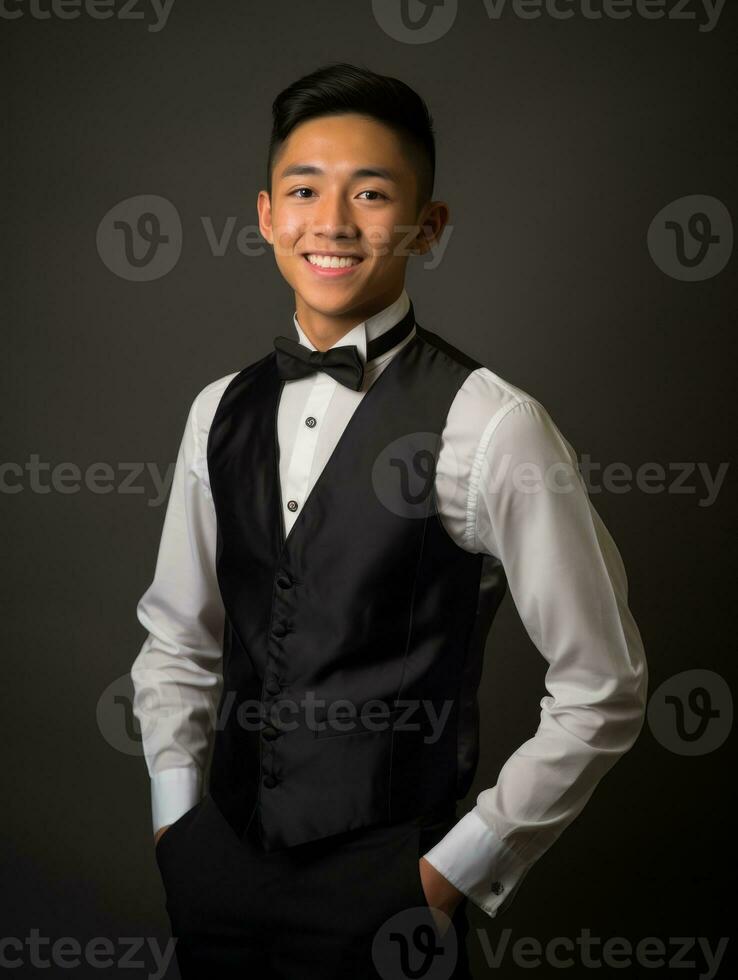 sorridente jovem homem do ásia descida vestido dentro terno em cinzento fundo ai generativo foto