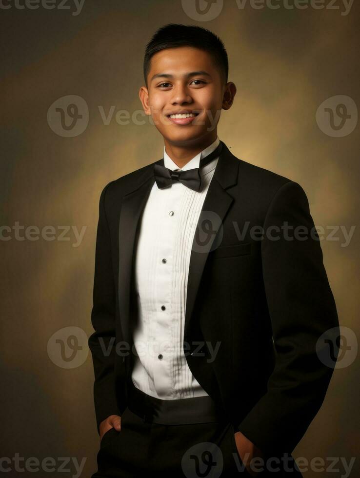 sorridente jovem homem do ásia descida vestido dentro terno em cinzento fundo ai generativo foto