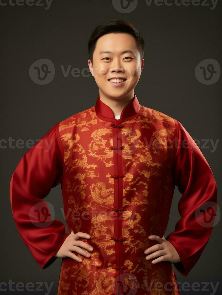 sorridente jovem homem do ásia descida vestido dentro terno em cinzento fundo ai generativo foto