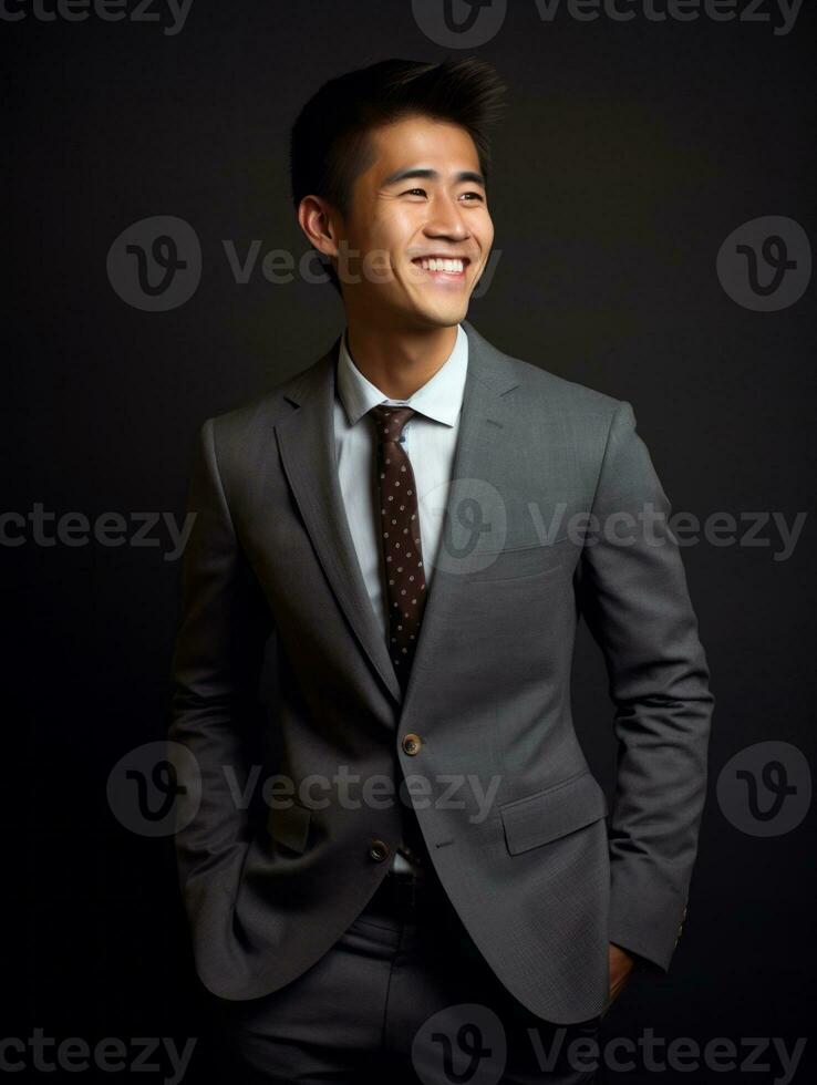 sorridente jovem homem do ásia descida vestido dentro terno em cinzento fundo ai generativo foto