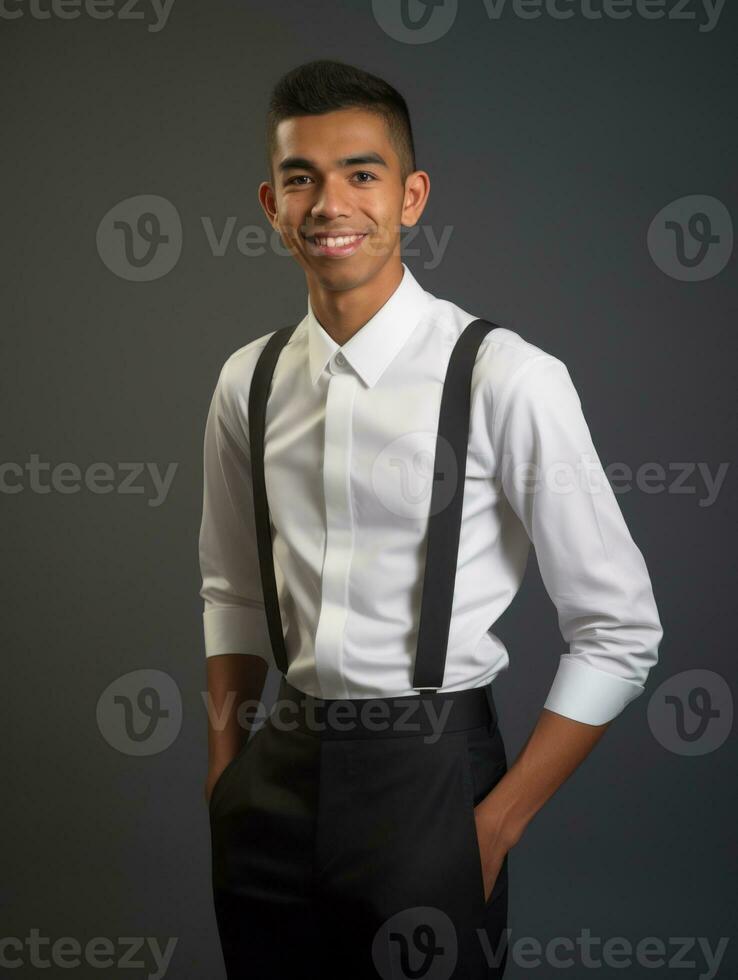 sorridente jovem homem do ásia descida vestido dentro terno em cinzento fundo ai generativo foto