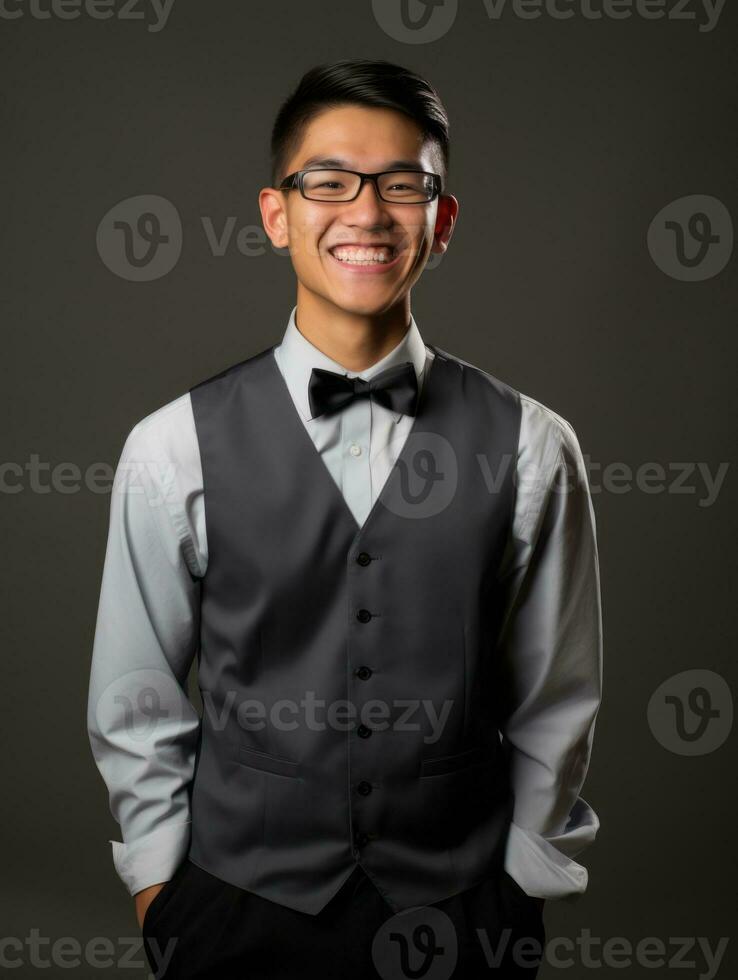 sorridente jovem homem do ásia descida vestido dentro terno em cinzento fundo ai generativo foto