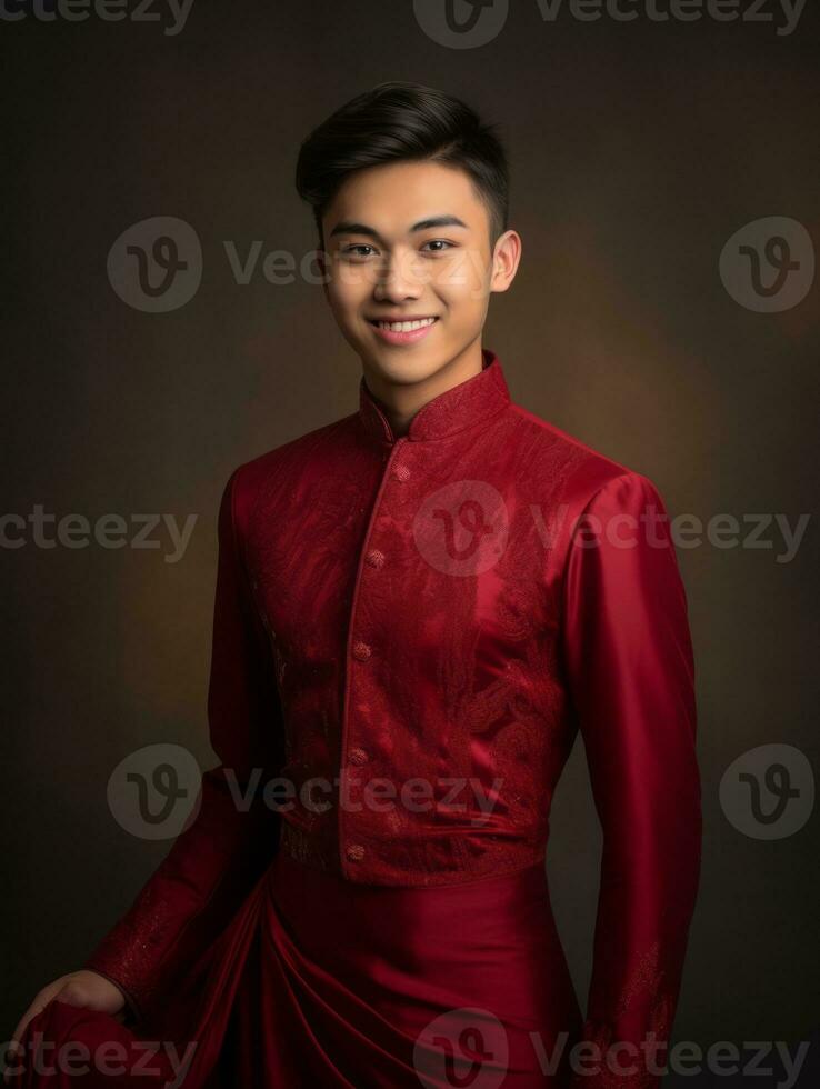 sorridente jovem homem do ásia descida vestido dentro terno em cinzento fundo ai generativo foto