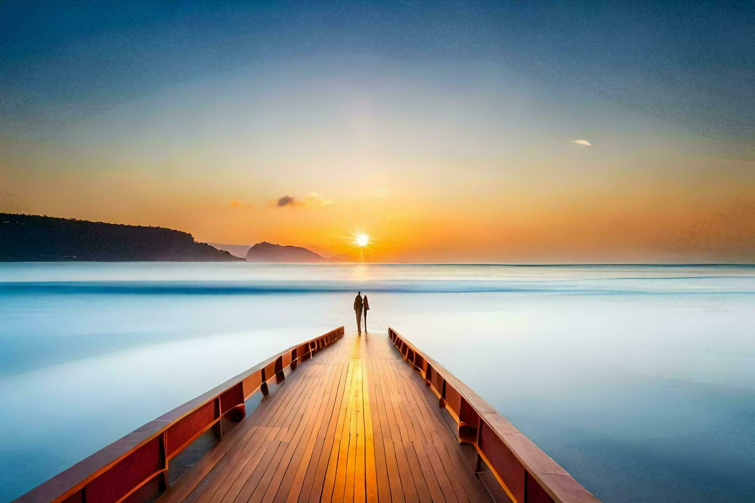 uma homem em pé em uma cais olhando às a Sol configuração sobre a oceano. gerado por IA foto