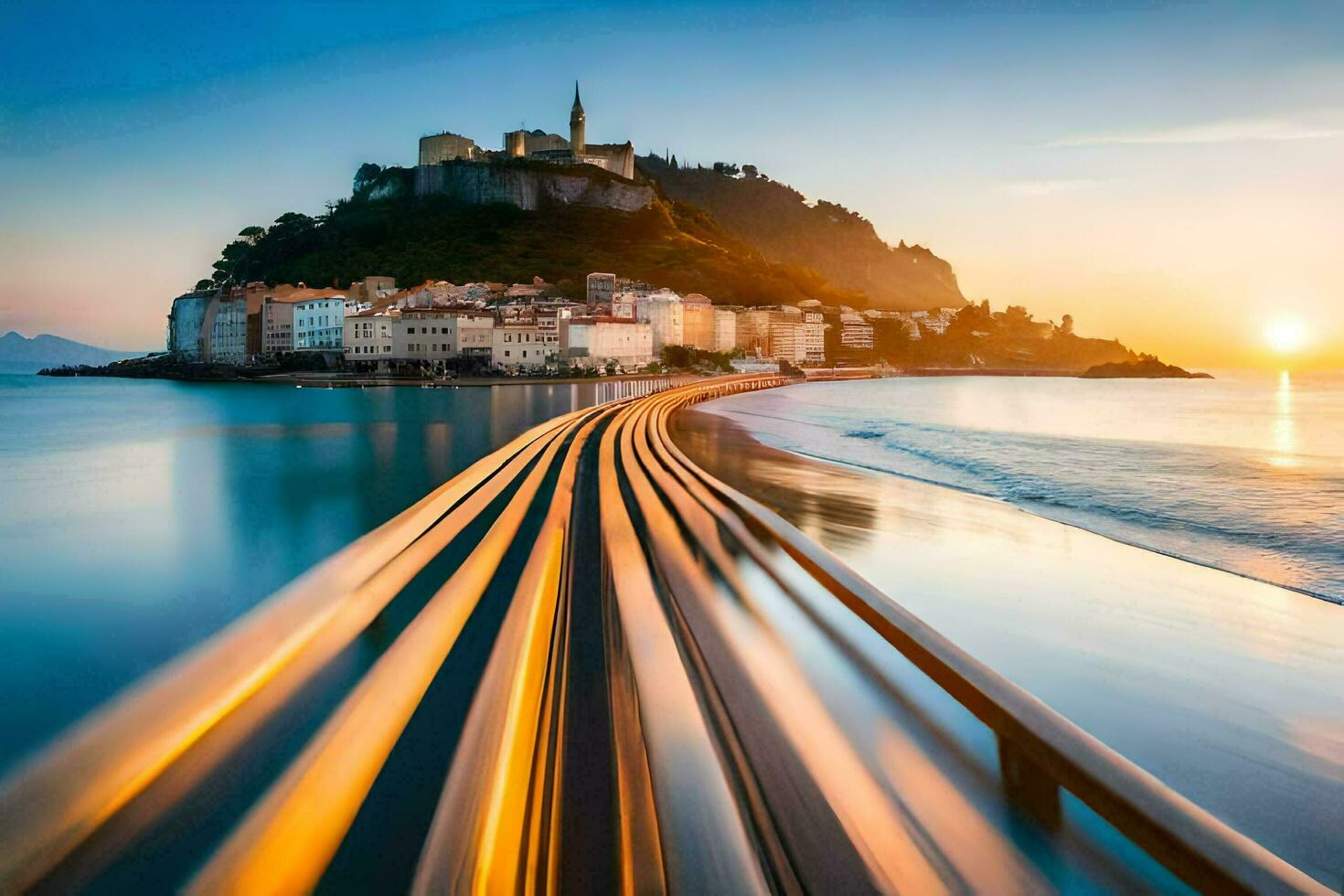 uma trem viajando ao longo a costa às pôr do sol. gerado por IA foto