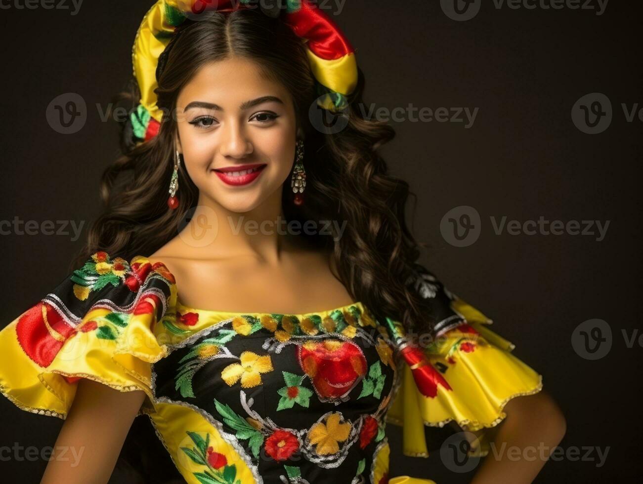 sorridente jovem mulher do mexicano descida vestido dentro elegante vestir em cinzento fundo ai generativo foto