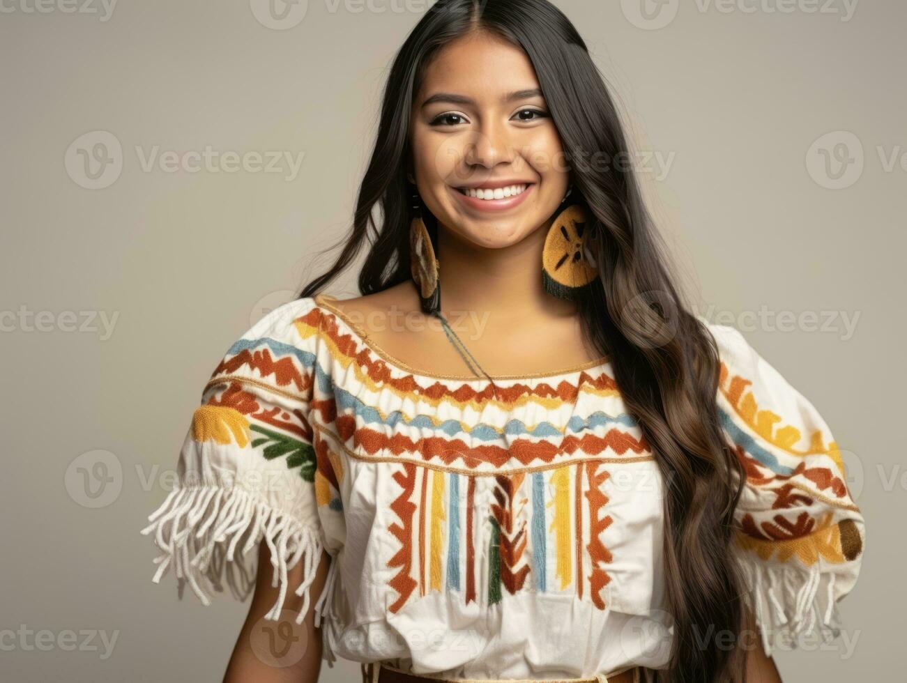 sorridente jovem mulher do mexicano descida vestido dentro elegante vestir em cinzento fundo ai generativo foto