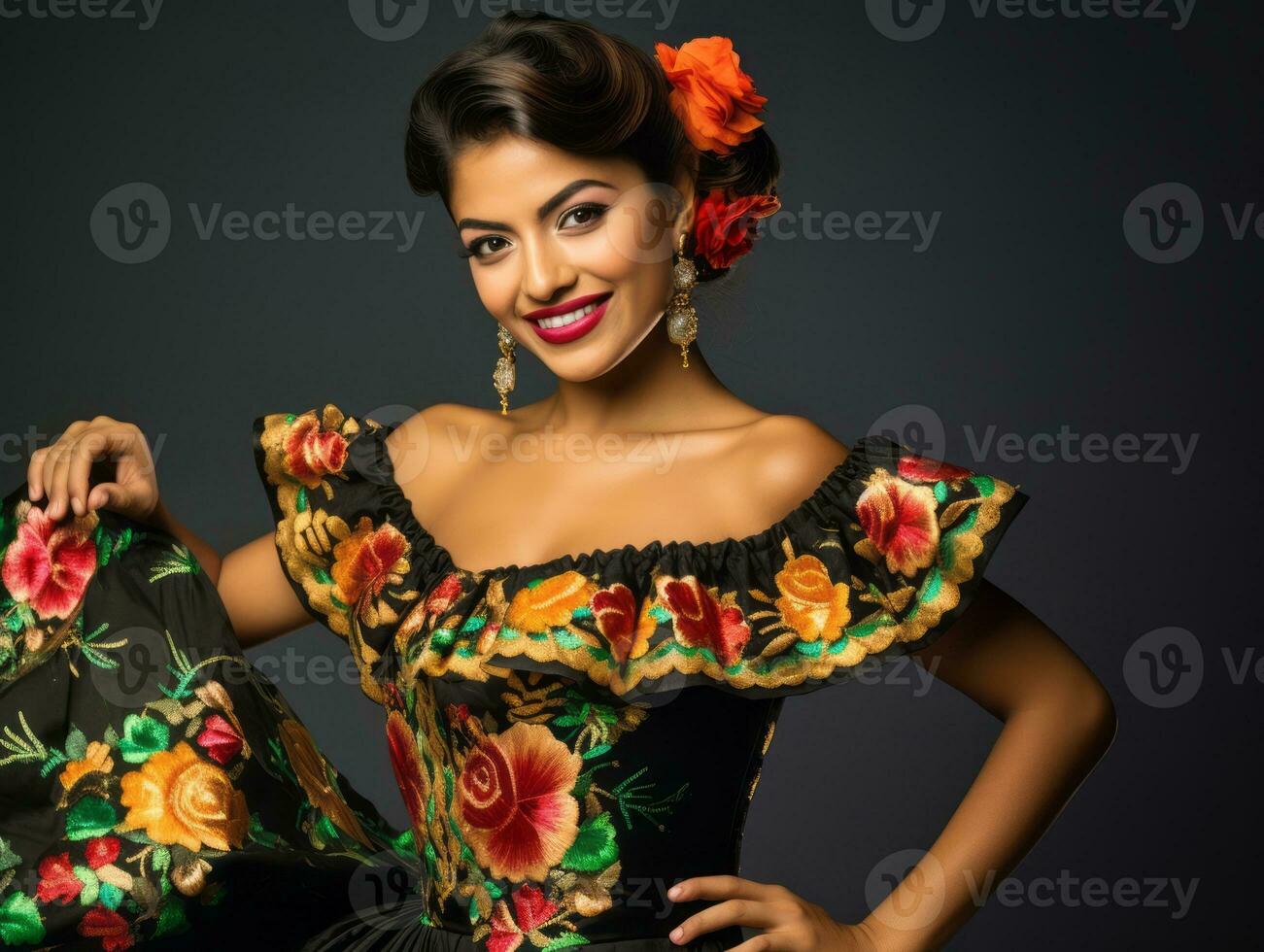 sorridente jovem mulher do mexicano descida vestido dentro elegante vestir em cinzento fundo ai generativo foto