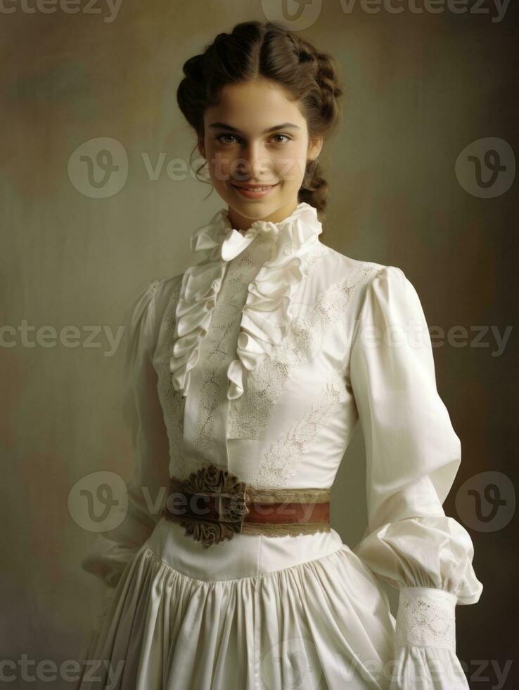 sorridente jovem mulher do mexicano descida vestido dentro elegante vestir em cinzento fundo ai generativo foto