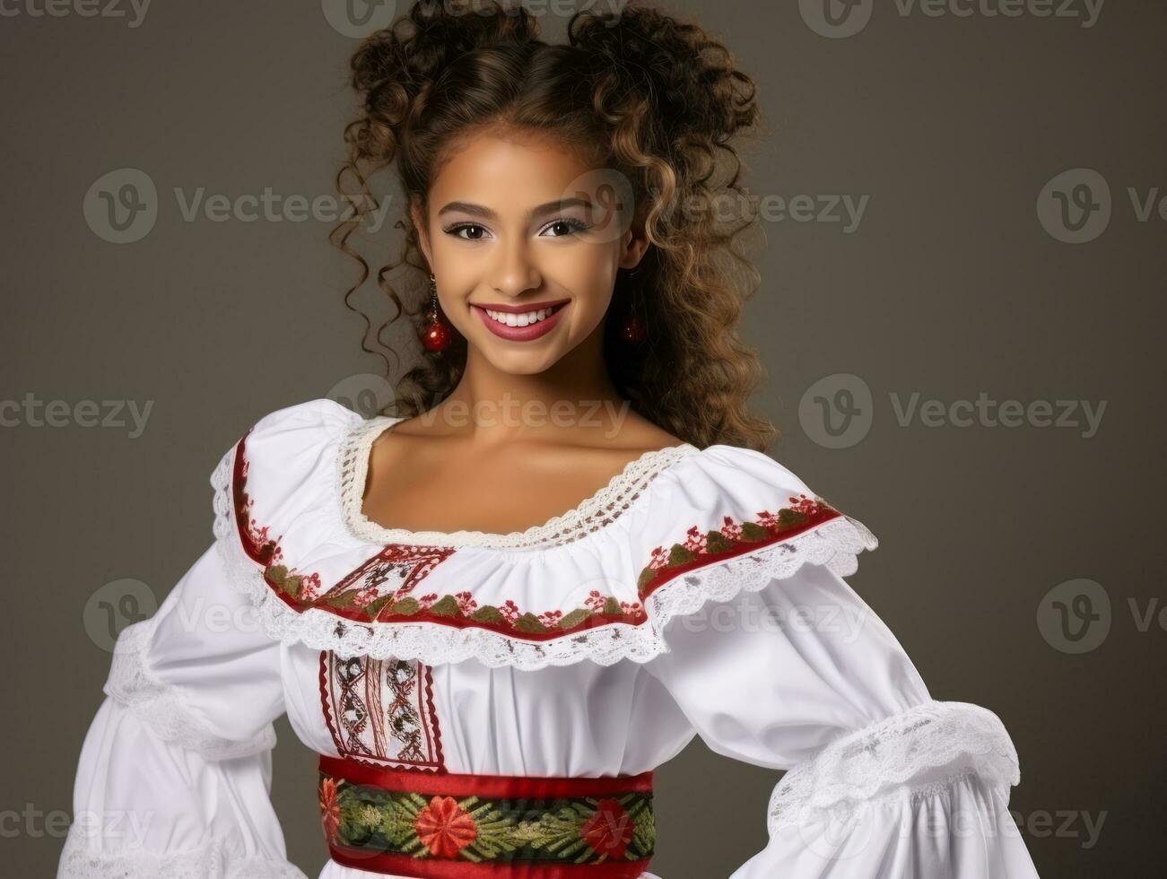 sorridente jovem mulher do mexicano descida vestido dentro elegante vestir em cinzento fundo ai generativo foto