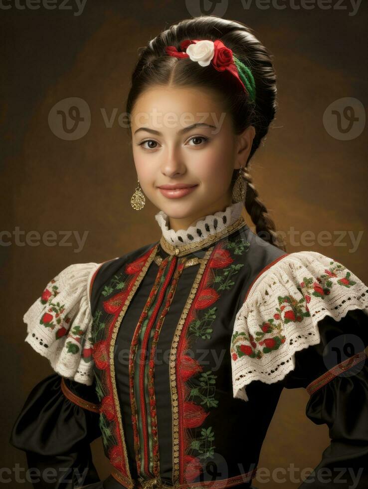 sorridente jovem mulher do mexicano descida vestido dentro elegante vestir em cinzento fundo ai generativo foto