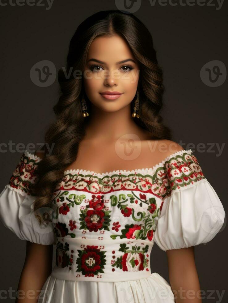 sorridente jovem mulher do mexicano descida vestido dentro elegante vestir em cinzento fundo ai generativo foto