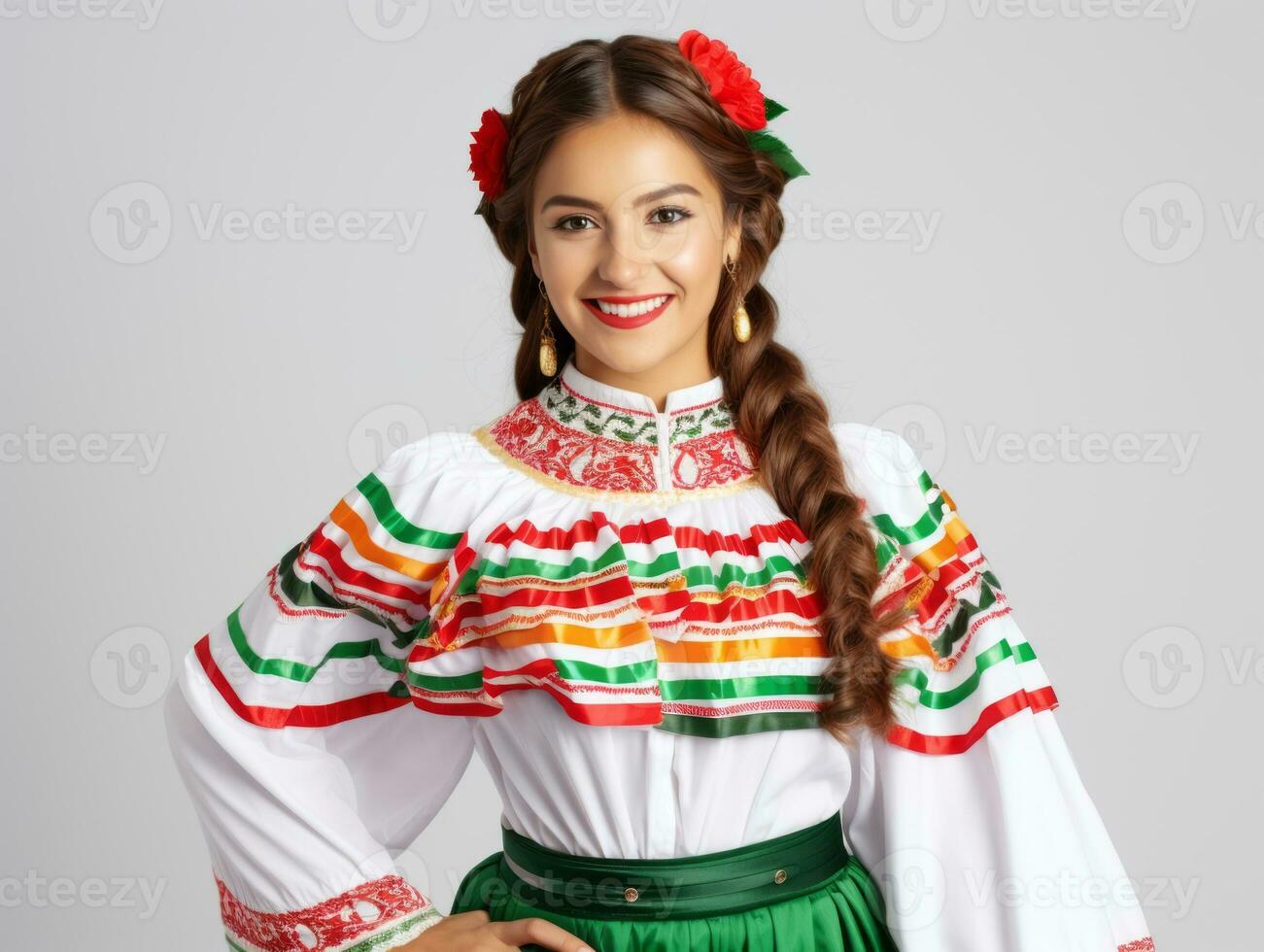 sorridente jovem mulher do mexicano descida vestido dentro elegante vestir em cinzento fundo ai generativo foto