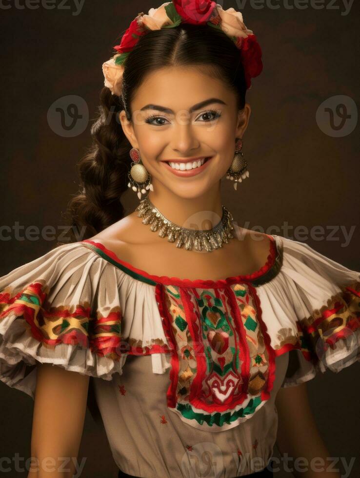 sorridente jovem mulher do mexicano descida vestido dentro elegante vestir em cinzento fundo ai generativo foto