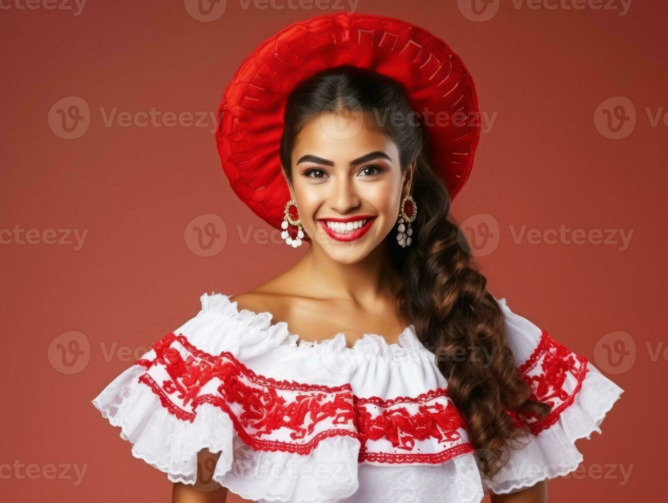 sorridente jovem mulher do mexicano descida vestido dentro elegante vestir em cinzento fundo ai generativo foto