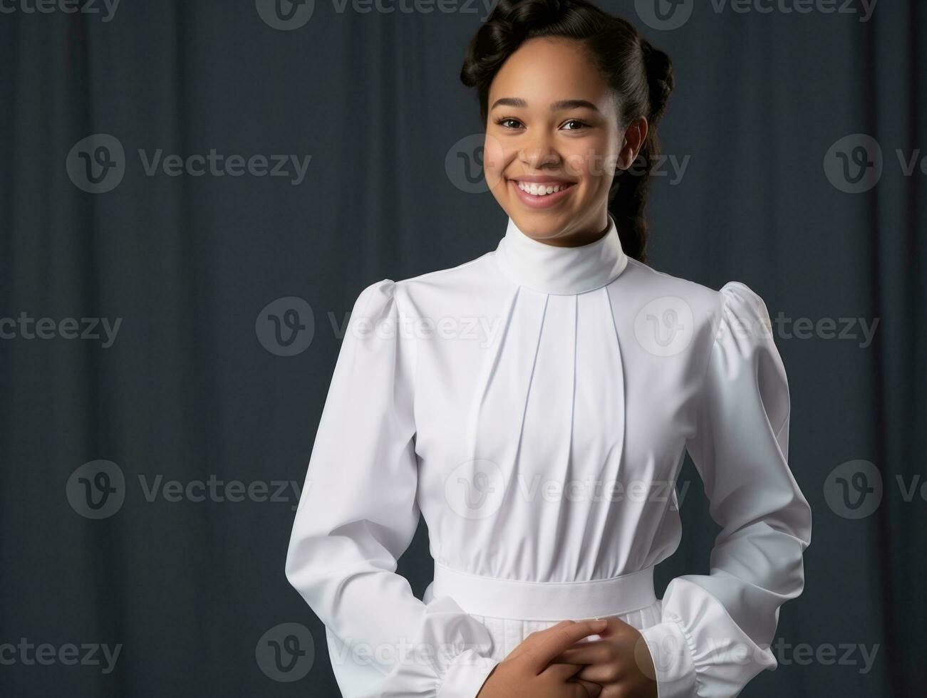 sorridente jovem mulher do mexicano descida vestido dentro elegante vestir em cinzento fundo ai generativo foto