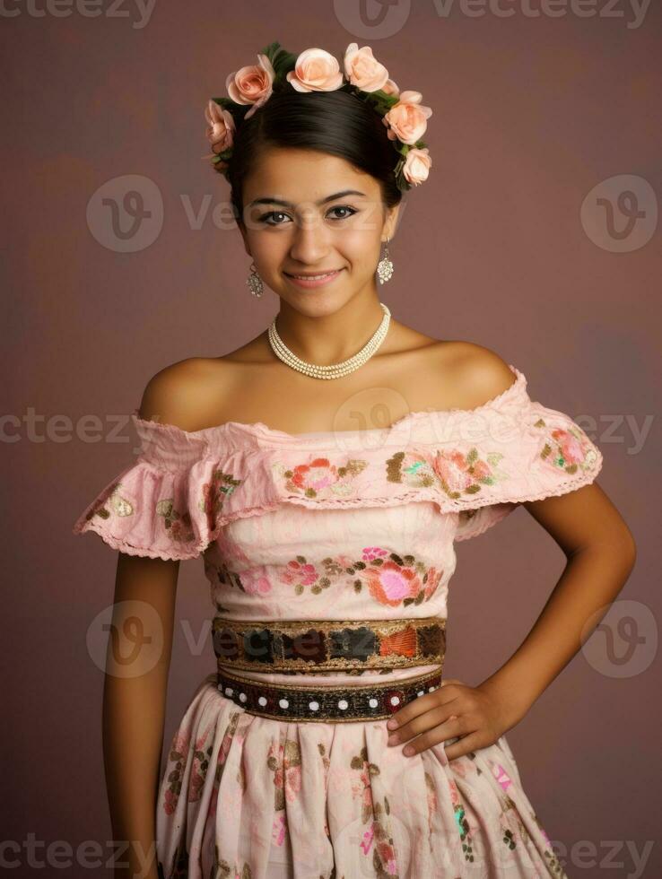 sorridente jovem mulher do mexicano descida vestido dentro elegante vestir em cinzento fundo ai generativo foto