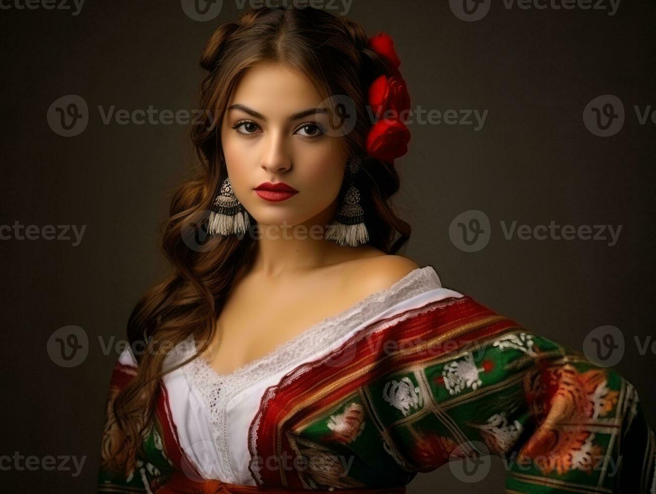 sorridente jovem mulher do mexicano descida vestido dentro elegante vestir em cinzento fundo ai generativo foto