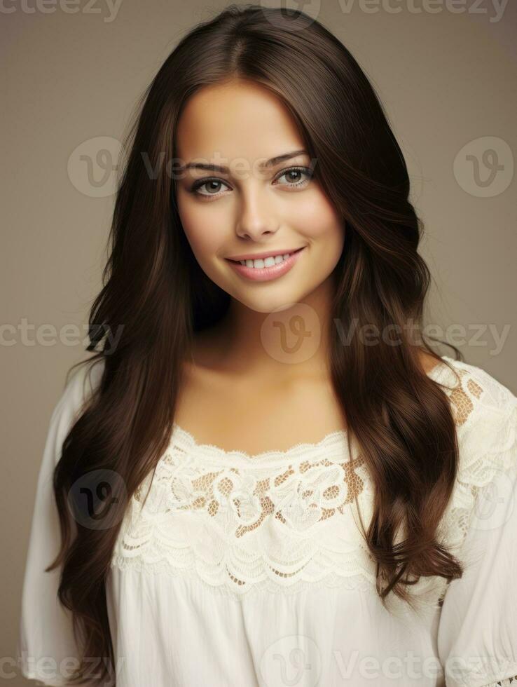 sorridente jovem mulher do mexicano descida vestido dentro elegante vestir em cinzento fundo ai generativo foto