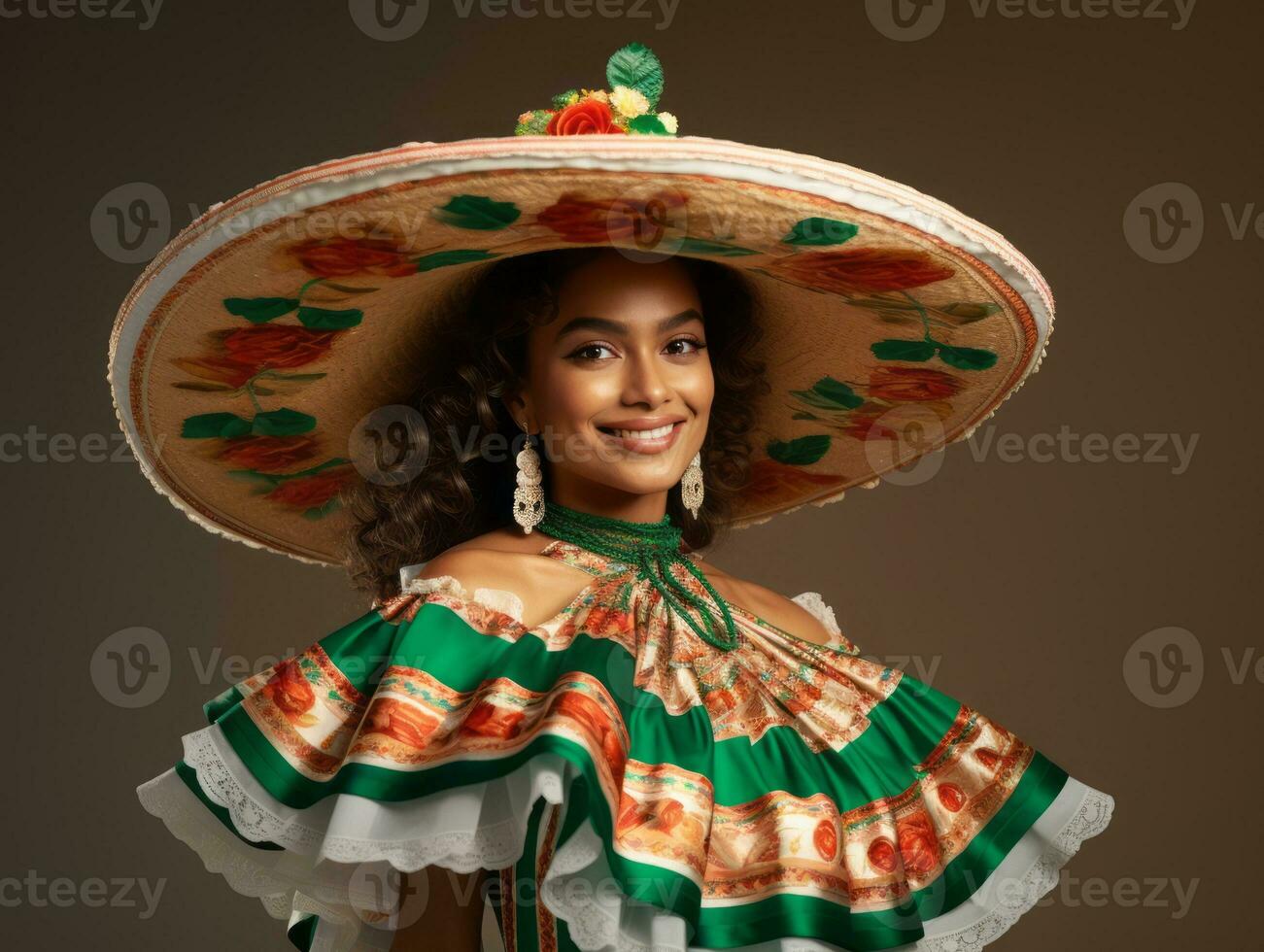 sorridente jovem mulher do mexicano descida vestido dentro elegante vestir em cinzento fundo ai generativo foto