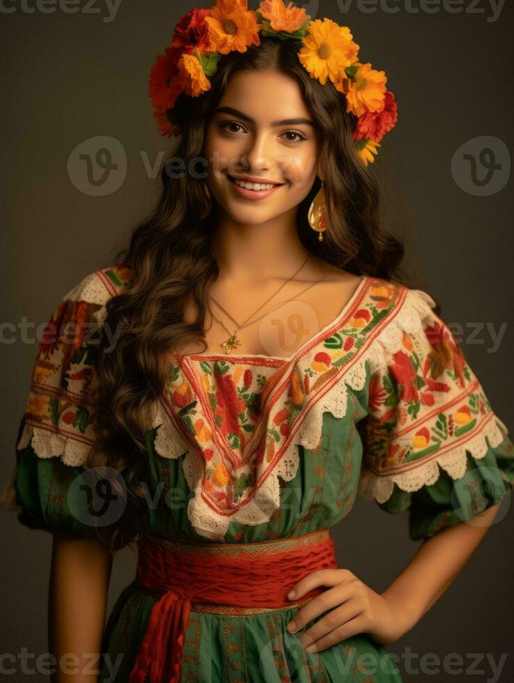 sorridente jovem mulher do mexicano descida vestido dentro elegante vestir em cinzento fundo ai generativo foto