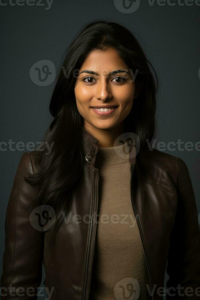 sorridente jovem mulher do indiano descida contra neutro fundo ai generativo foto