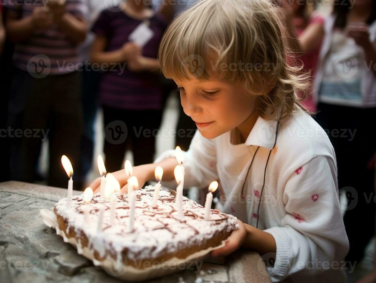 criança sopro Fora a velas em seus aniversário bolo ai generativo foto