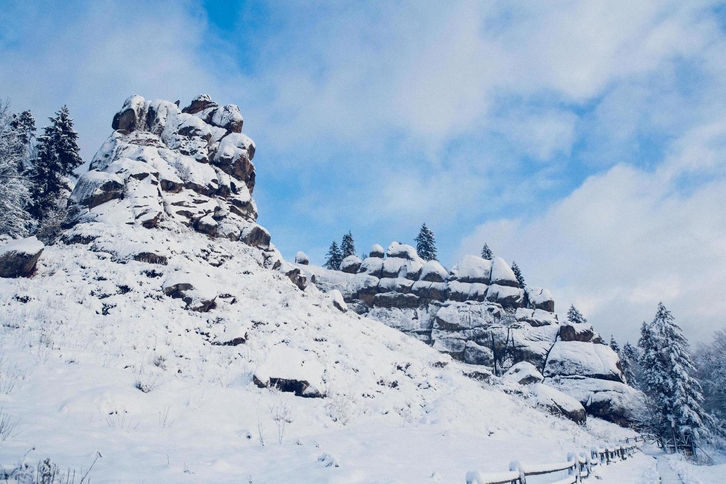 montanhas, árvores cobertas de neve. as árvores estão congeladas foto