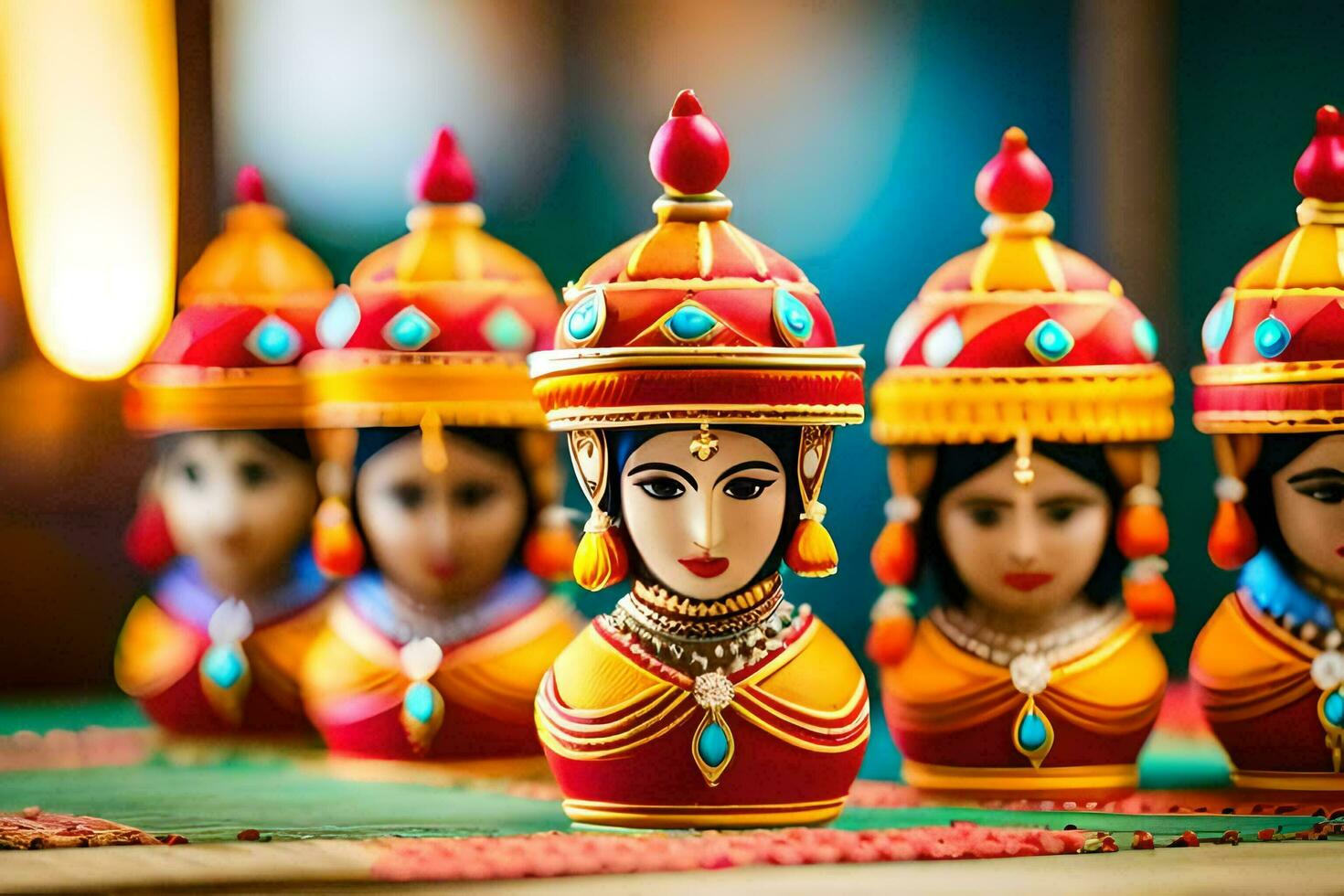 indiano bonecas dentro uma linha em uma mesa. gerado por IA foto