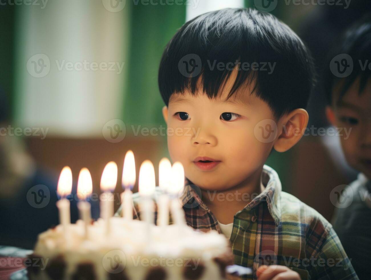 criança sopro Fora a velas em seus aniversário bolo ai generativo foto