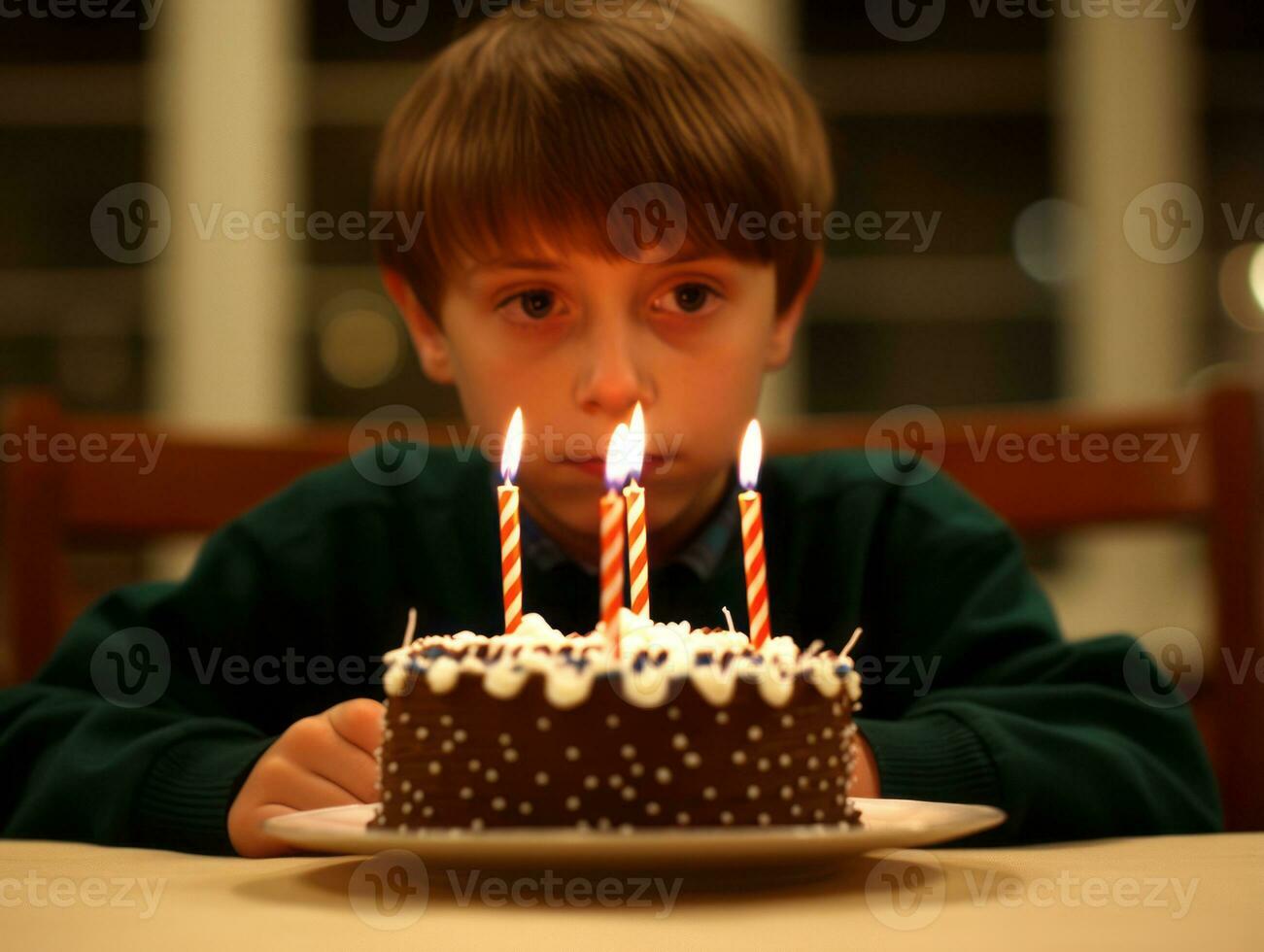 criança sopro Fora a velas em seus aniversário bolo ai generativo foto