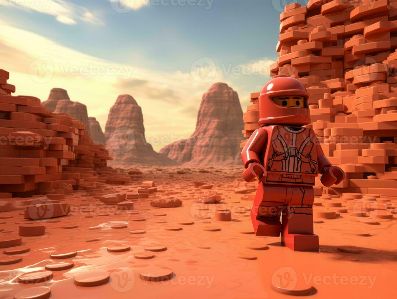 Lego personagem explorando uma épico Lego mundo ai generativo foto