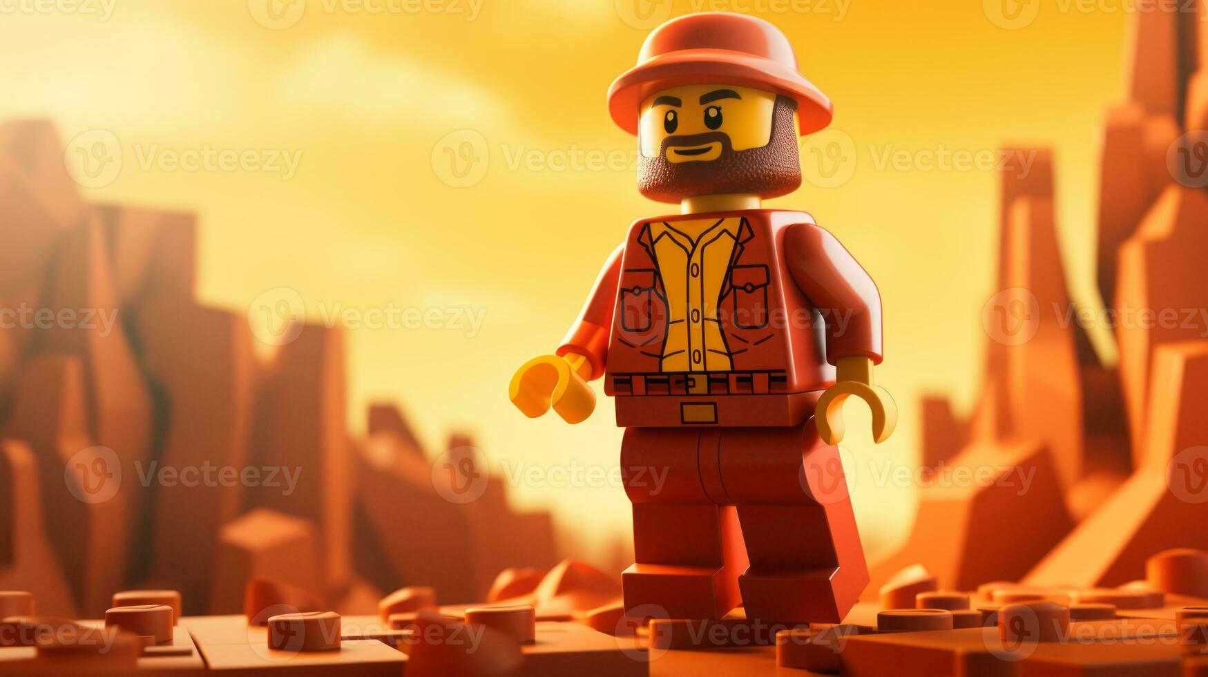 Lego personagem explorando uma épico Lego mundo ai generativo foto