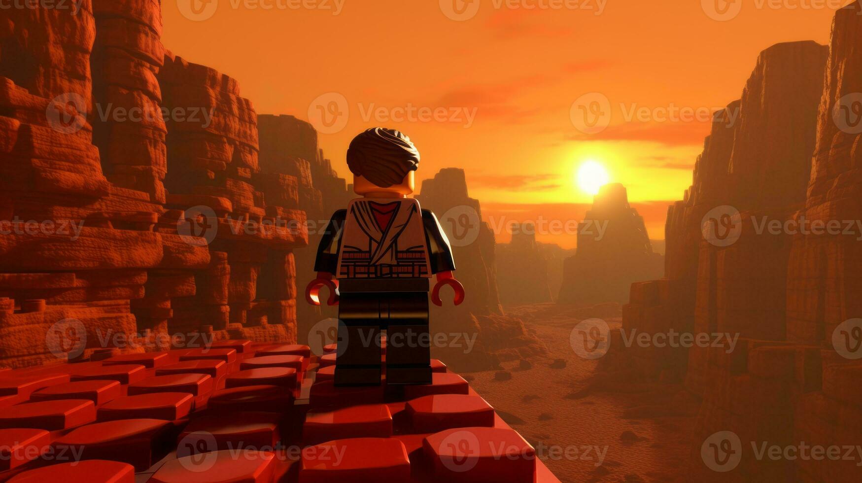 Lego personagem explorando uma épico Lego mundo ai generativo foto